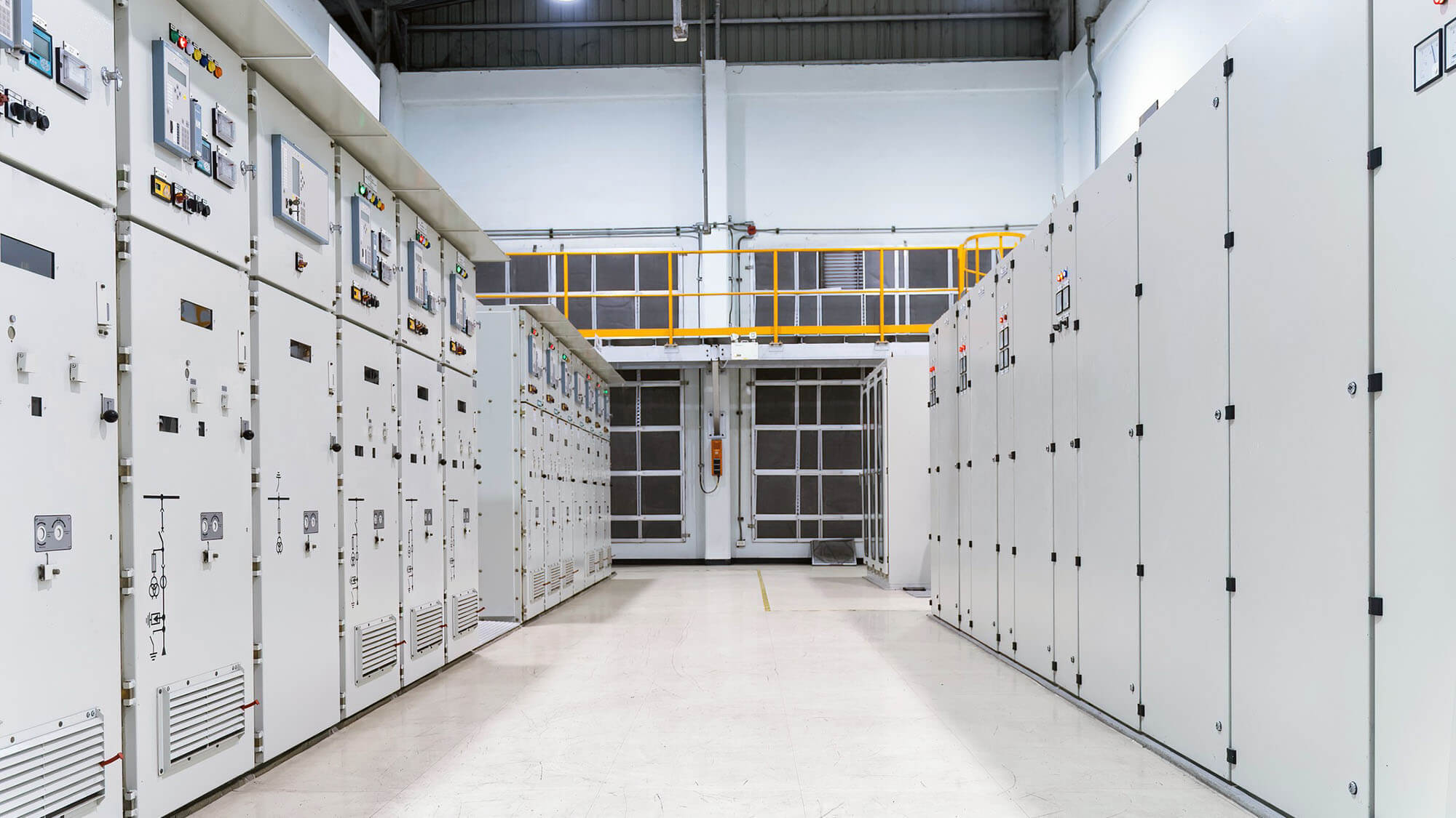 Switchgear electrical energy distribution at substation room, Relay protection system electrical panel, Medium voltage switchgear. Power plant.