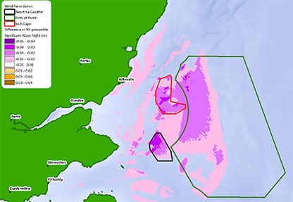 computer generated model showing a green coastline and different colors to indicate wave heights